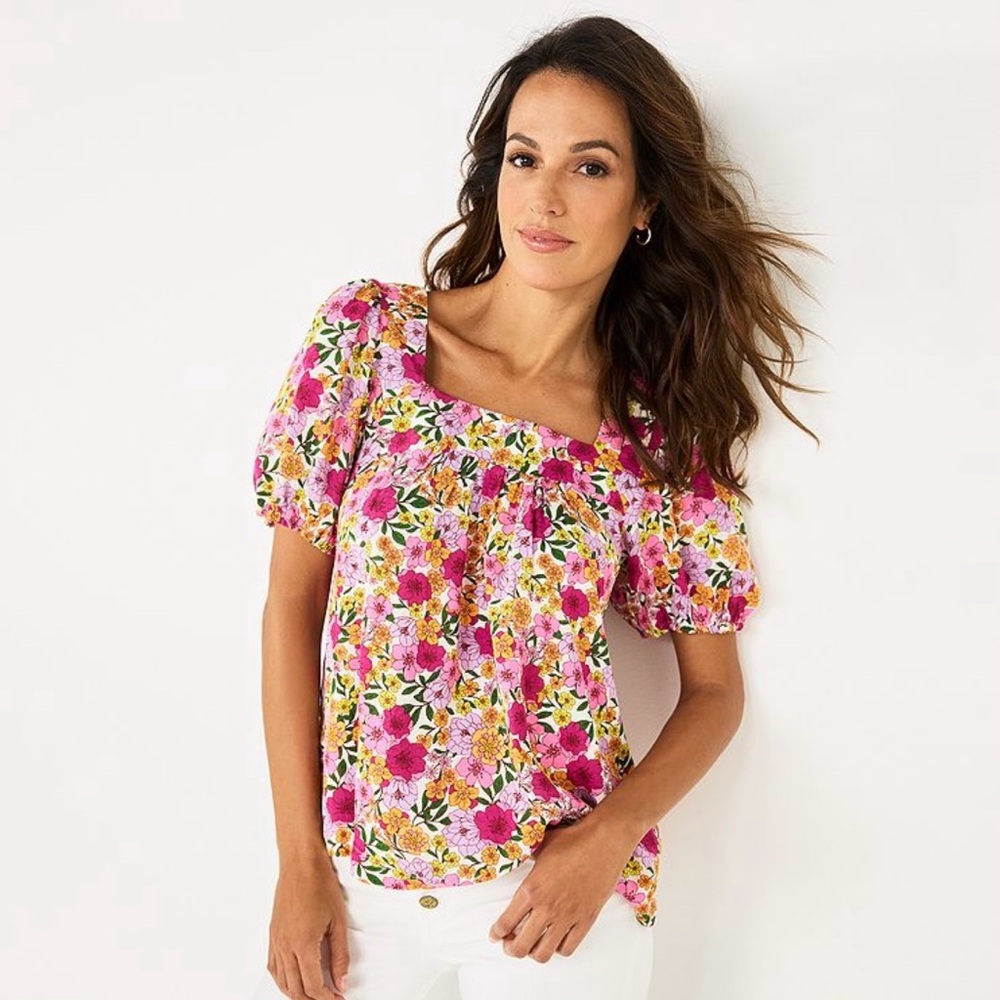 Draper James RSVP Floral Puff Sleeve Square Neck Shirt Top Lined Womens 2X Pink